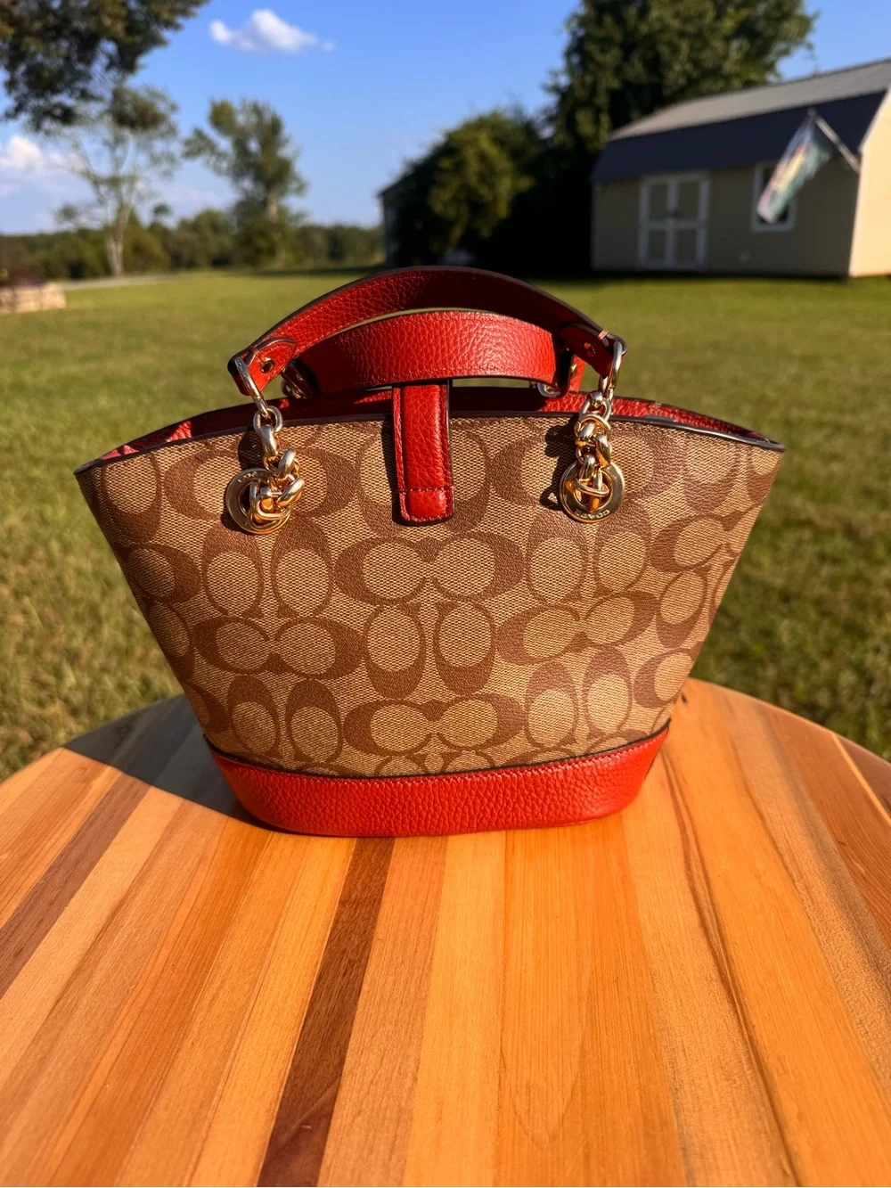 Coach Lane Bucket Tan Signature Canvas Satchel with Leather Trim
